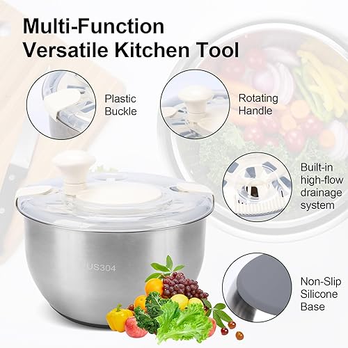 Miniatura 4 de Molinillo de ensalada de acero inoxidable, escurridor de lechuga con drenaje, lavadora de frutas de 6 cuartos de galón con base antideslizante de