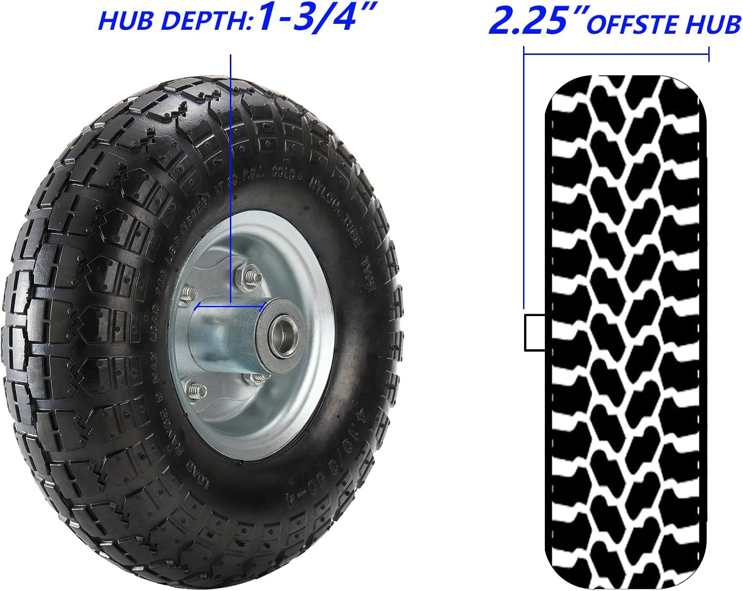 Yarlung 2 Pack Pneumatic Air Filled Tires, 10 Inch Tire Wheel for Hand Truck, 4.10/3.50-4" Heavy-Duty Replacement Wheels for Garden Cart, All Purpose Utility Cart, 2.25"Offset Hub, 5/8"Bearings