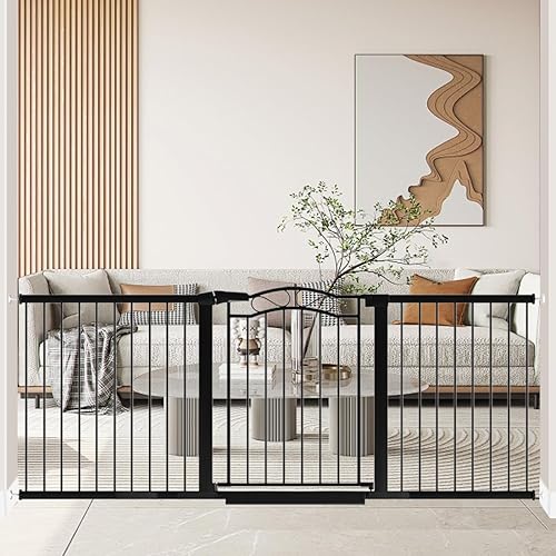 Miniatura 17 de Puerta extra ancha para bebés con puerta, color negro, grande, para escaleras, montadas a presión, sin taladro, puerta de seguridad de metal de