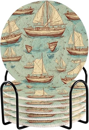 White Boat Retro Green Drink Coasters and Holder Set of 6 Drink Coasters for Tabletop Protection Table Cup Coasters Posavasos para Mesa
