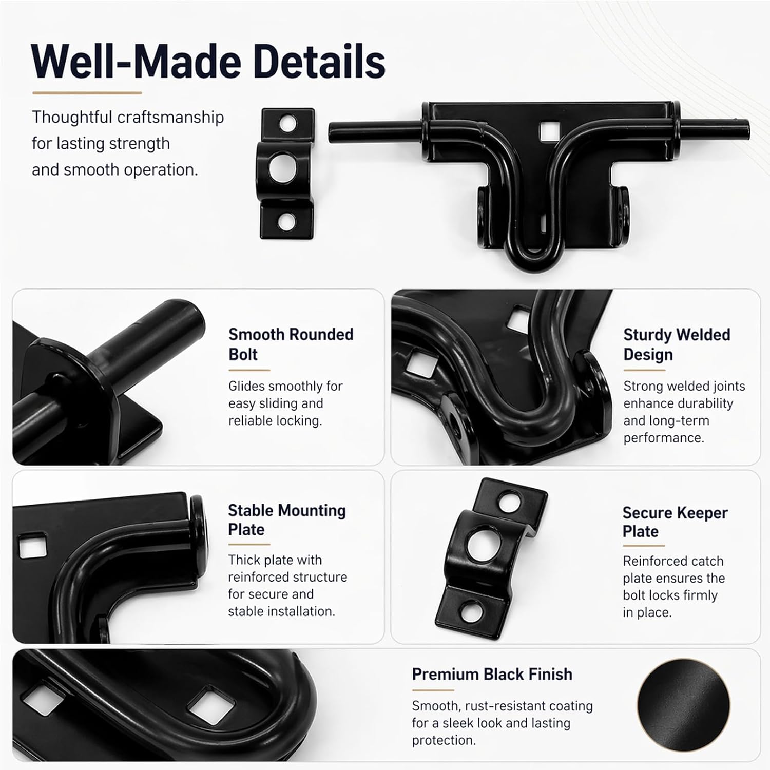 Slide Bolt Gate Latch for Wooden Fence, Heavy Duty Black Steel Gate Lock Hardware, Padlockable Sliding Barrel Bolt for Outdoor Fences, Barn Doors and Sheds, Left or Right Hand, 1 Pack