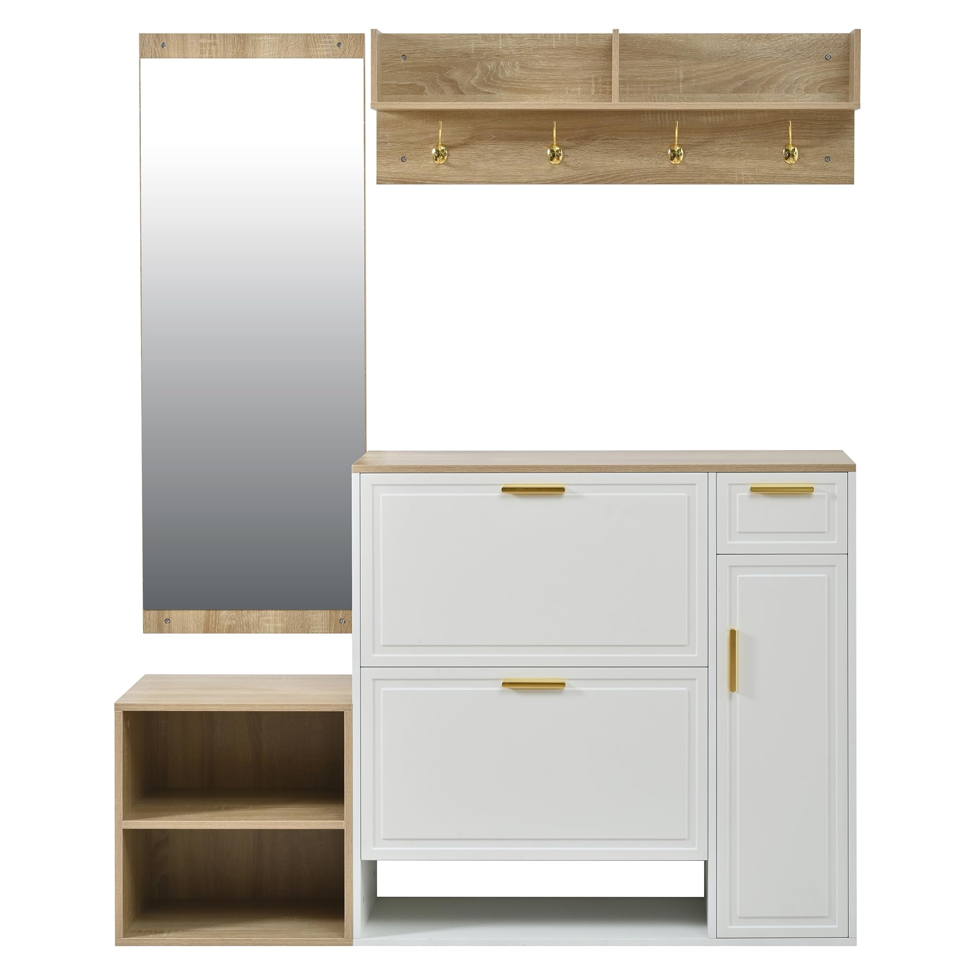 MURUL Set di 4 appendiabiti da 139,5 x 35 x 166 cm, naturale/bianco, con scarpiera, panca, appendiabiti da parete e specchio, set completo per corridoio e ingresso