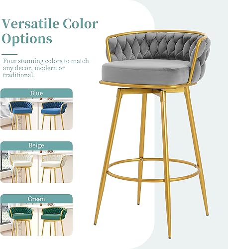 Miniatura 6 de Juego de 2 taburetes de bar giratorios de altura de mostrador, taburetes de barra gris con respaldo tejido y patas de metal dorado, modernas sillas