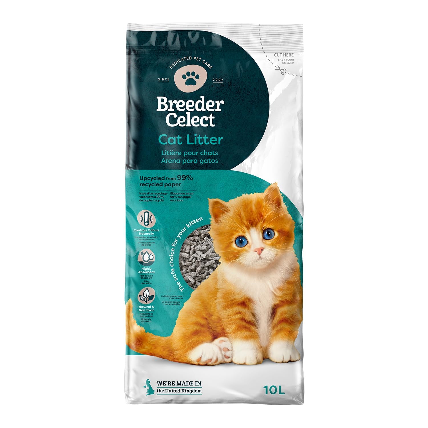 Breeder Celect Lettiera Naturale per Gatti (10L) – 99% Carta Riciclata, Altamente Assorbente, Letto per Gattini, Eccellente Controllo degli Odori, Non Agglomerante, Biodegradabile e Compostabile