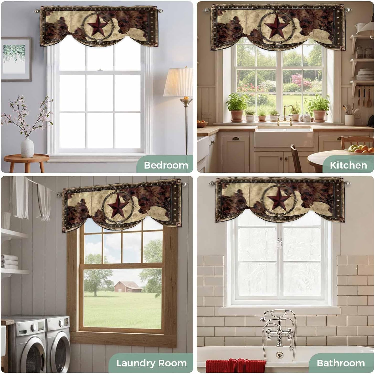 Western Texas Star Tie Up Valance Curtains for Windows, Kitchen Curtains Window Shades, Retro Rustic Brown Farmhouse Light Filtering Roman Curtain Valances for Bedroom/Bathroom/Cafe 42''x18''