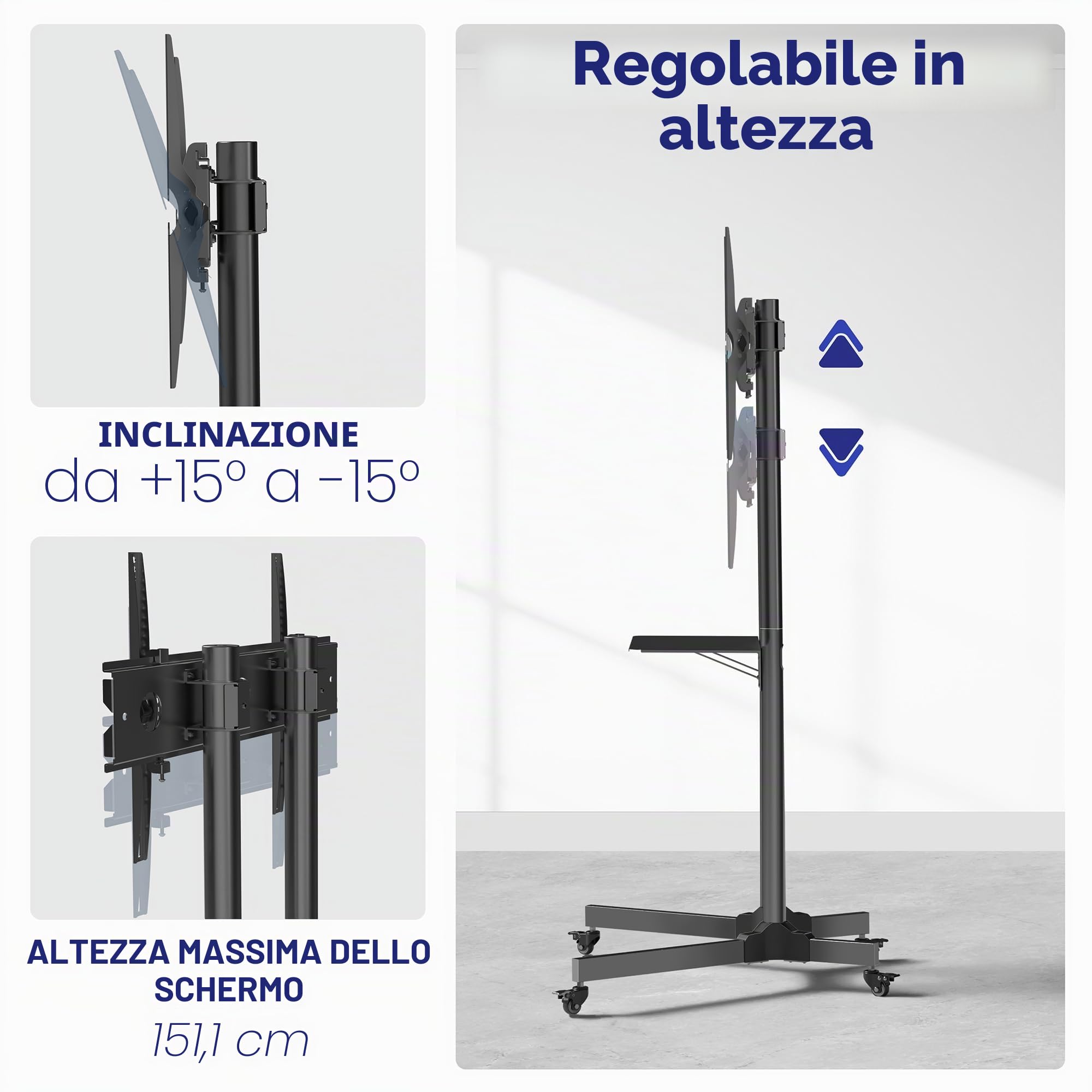 VIVO STAND-TV03E - Carrello mobile per TV da 32 a 83 pollici fino a 50 kg, LCD LED OLED 4K Smart Flat e Curvi, Supporto con ripiano DVD per laptop, ruote di bloccaggio, VESA max 600 x 400, nero