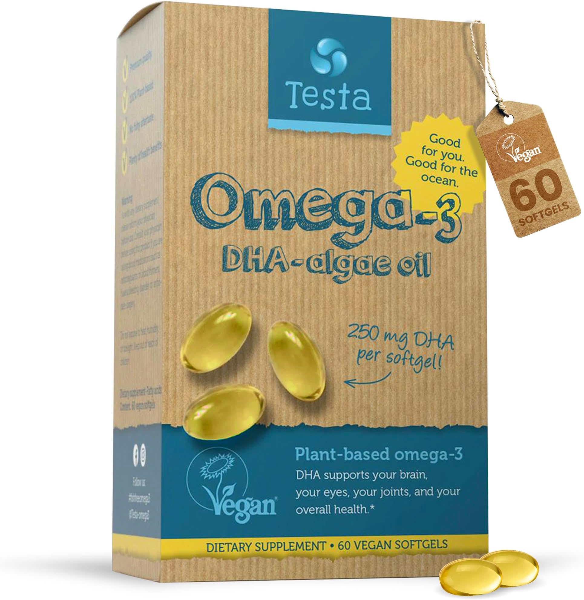 Plant-Based Vegan Omega 3 Supplement - 250mg DHA from Algae Oil - Algae Omega 3 - Supports Brain and Eye Health - Not from Fish, Pure Algae Capsules - 2 Months Supply