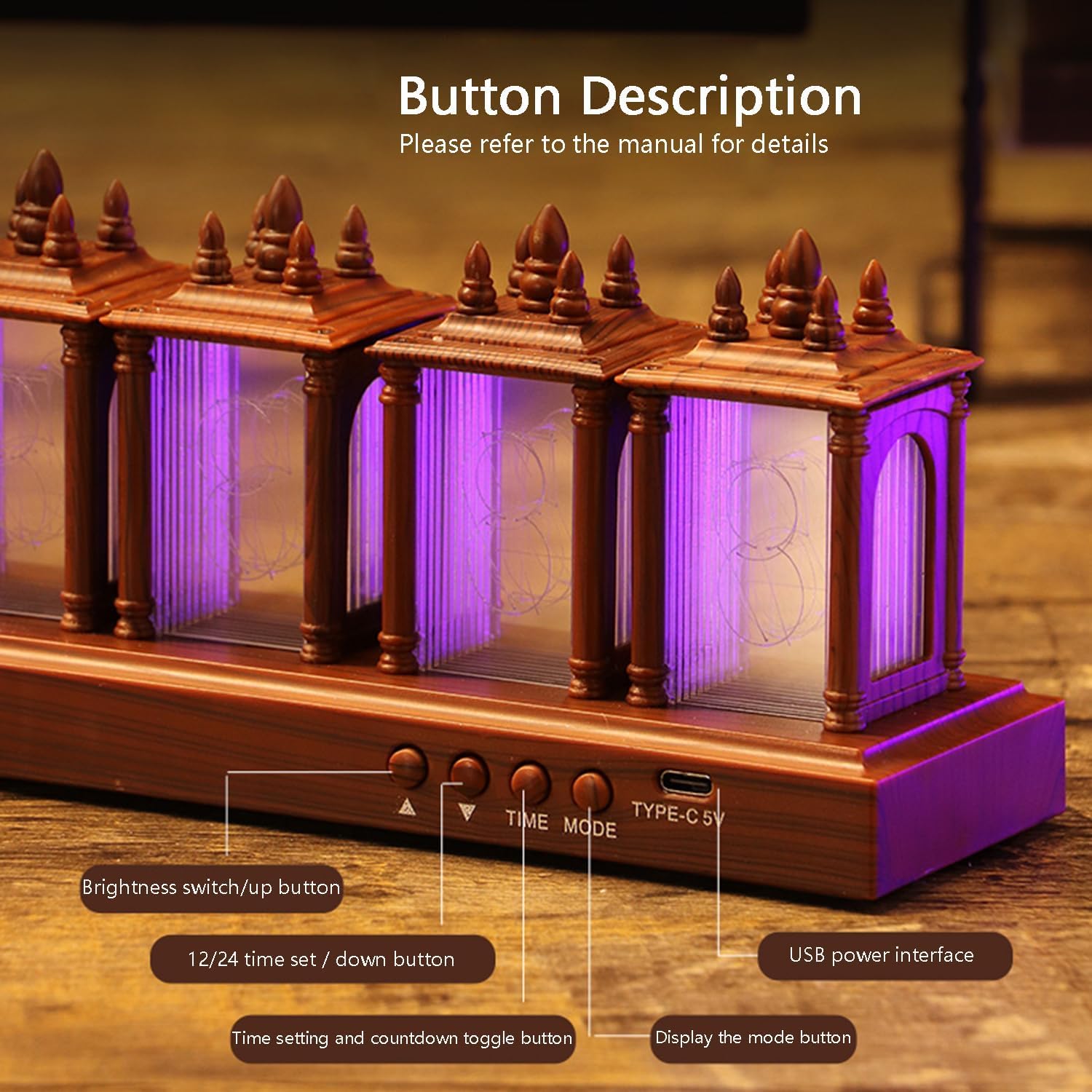 Nixie Nussholz Digitale Röhrenuhr, 12/24 Stunden Alarm und Anzeige, Einstellbare Helligkeit und RGB Farbnachtlicht, Schreibtischmontage für Freund Weihnachten Geburtstag