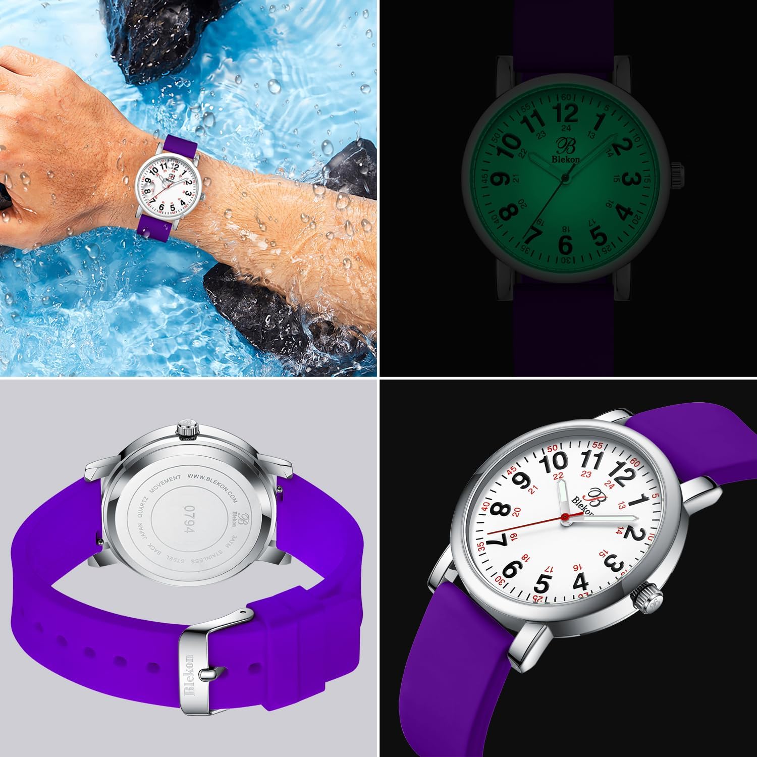 Blekon Original Nurse Watch with Second Hand – Nursing Student Essentials Work Watches for Women, Clip-On Analog Wristwatch for Nurses & Medical Students with Sweeping Secondhand (White/Purple)