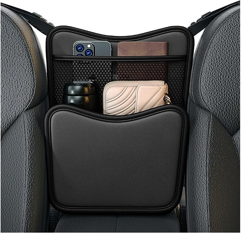 DXNQ Organizador Automotivo para Entre os Bancos em Couro com Bolsos e Alça de Pendurar, Preto