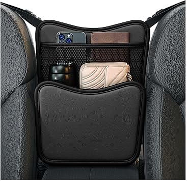 DXNQ Car Organizer Storage Between Seats, Leather Large Capacity Automobile Handbag Hanging Store Content Bag, Auto Console Organizer Holder for Snack Phone Document Storages, Car Accessories Black
