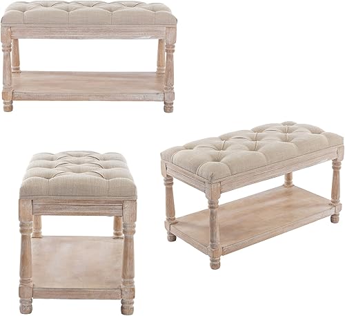 Miniatura 26 de Banco de almacenamiento capitoné de mediados de siglo con estante, banco tapizado de lino para zapatos, taburete otomano con asiento acolchado,