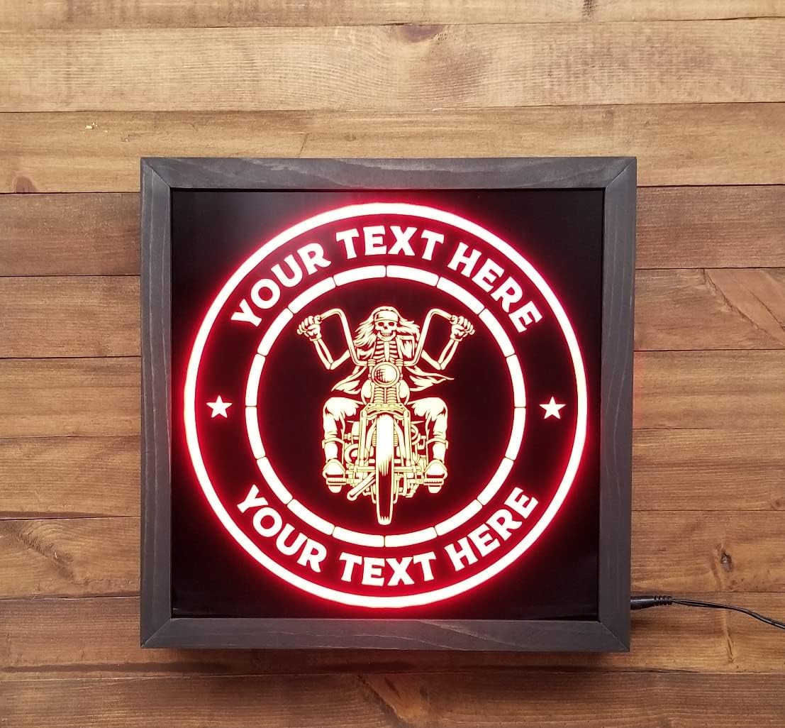 Bones & Smoke Co - “Road Bones” Motorcycle Skeleton LED Light – 12x12 Wood Frame RGB Remote – Custom Name & Tagline – Personalized Biker Garage Decor for Motorcycle Enthusiasts, Rider Bars & Man Caves