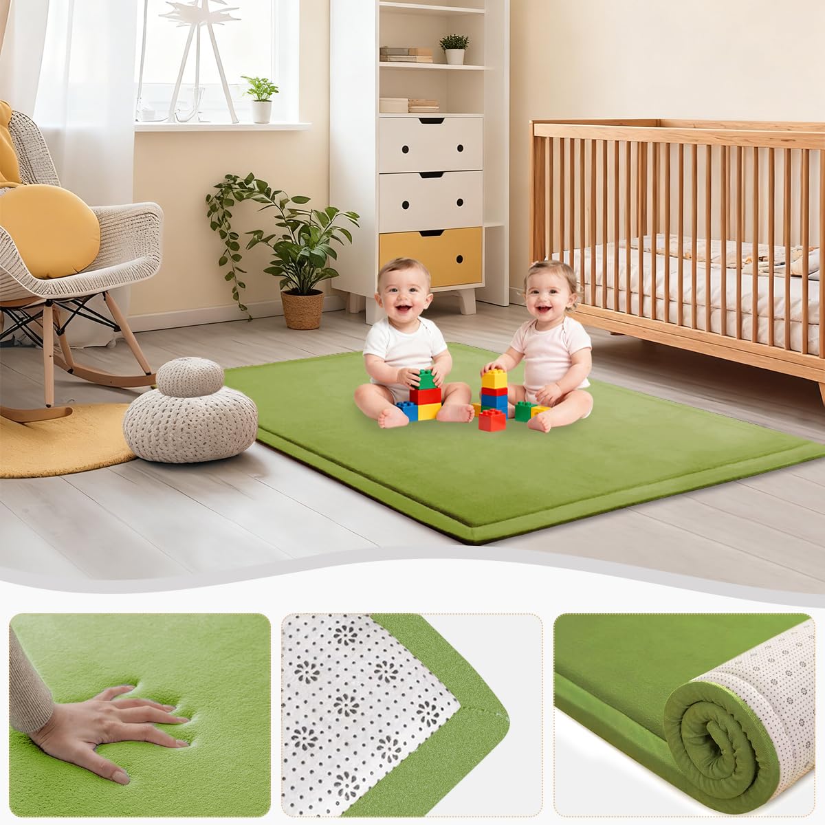 Premium Krabbelmatte Baby, Kinderteppich Teppich, 2 cm Extra Dicke und Weiche Schaum Spielmatte Baby Kinder, rutschfeste Baby Play Mat für Laufstall, Hellgrün, 120 x 180 cm