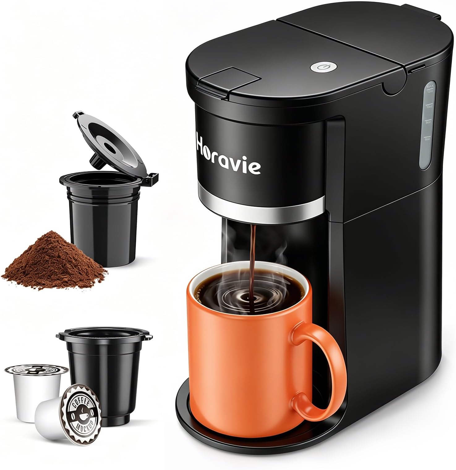 Small Single Serve Coffee Maker, Fast Brew One Cup Coffee Machine for K Cup and Grounds, 6 to 12 oz. Brew Sizes, Pod Coffee Maker with Descaling Reminder and Viewing Tank, Black