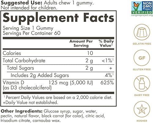 Miniatura 2 de Solgar Gomitas de vitamina D3 para adultos, 5,000 UI de ultra potencia, vitamina para el sistema inmunológico para mujeres y hombres, sabroso sabor