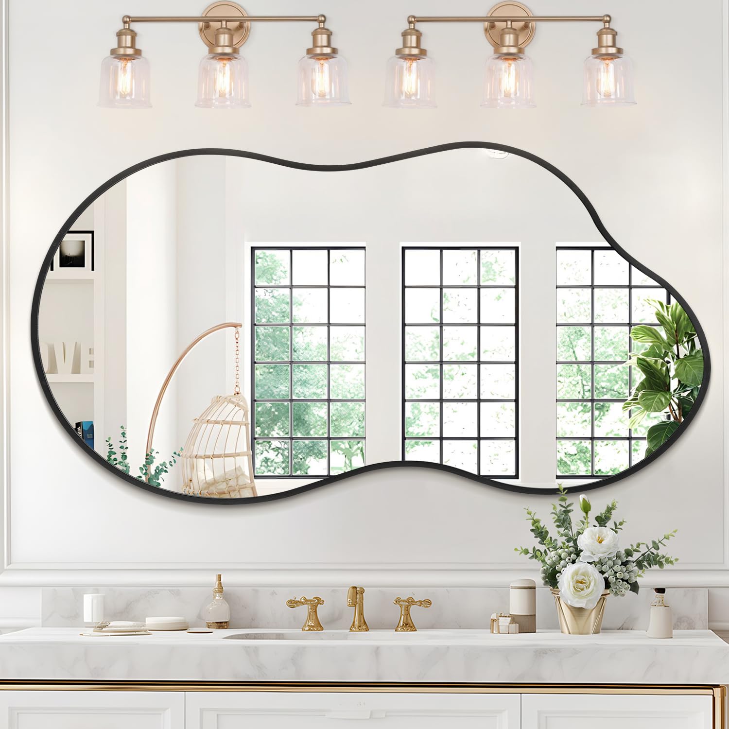 JJUUYOU Wall Mirror Large Irregular Bathroom Brushed Metal Frame Mirror Black Asymmetrical Vanity Aluminum Alloy Frame Mirrors for Living Room Bedroom Entryway Vanity Home Decor 50 x 90cm