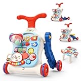 CUTE STONE 5 in 1 Walker for Baby Boy, Sit to Stand Push Walker with Activity Center Learning to Walk, Early Push Walking Toys Gift for Toddler Infant Blue