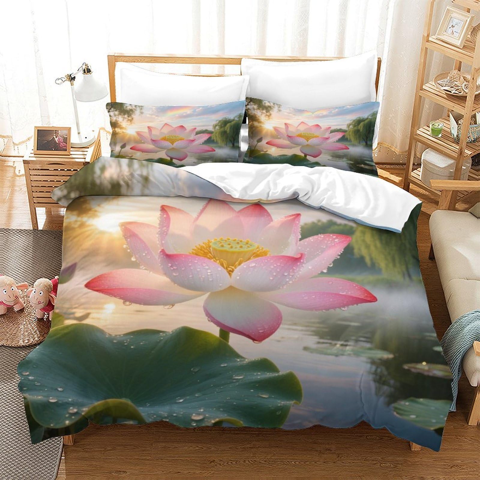 Housse de couette fleur de lotus 140x200 parure de lit enfant ado fermeture éclair