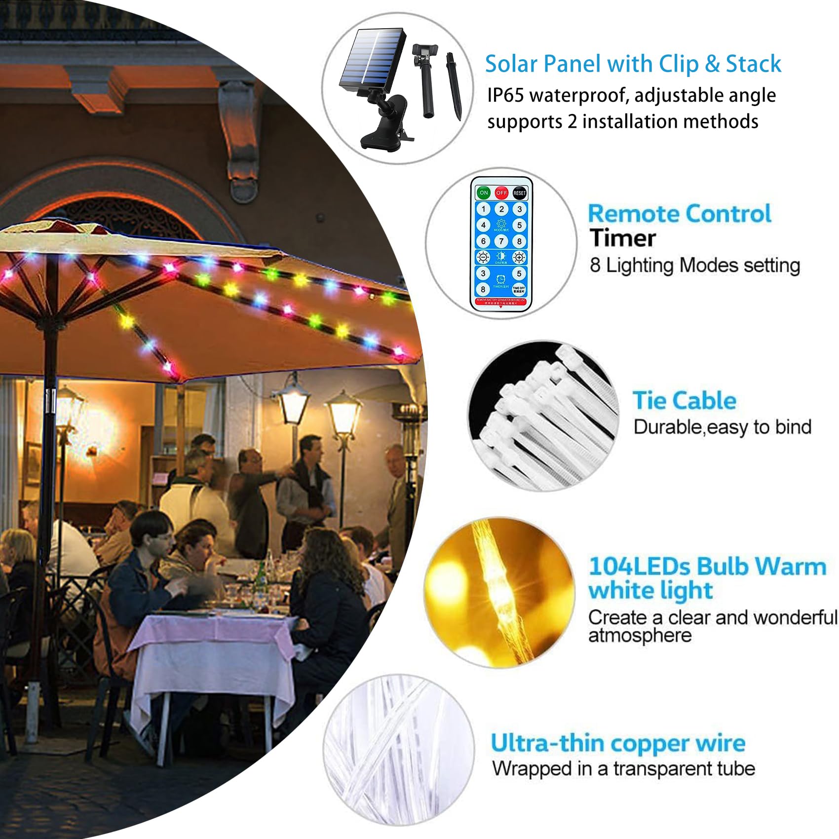 keeda Solar Umbrella Lights Outdoor Waterproof 104 LEDs 8 Modes Patio Parasol Light Decoration for Beach Tent Camping Backyard Garden Party (Multicolor)