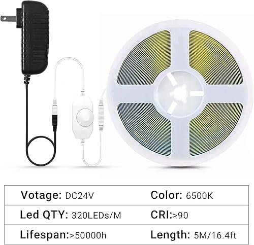 Miniatura 5 de GUPUP Cuerda de luz giratoria COB de 16.4 pies, tira de luz LED blanca, 6500K 24V, tira de iluminación de densidad de 1600 LED con interruptor
