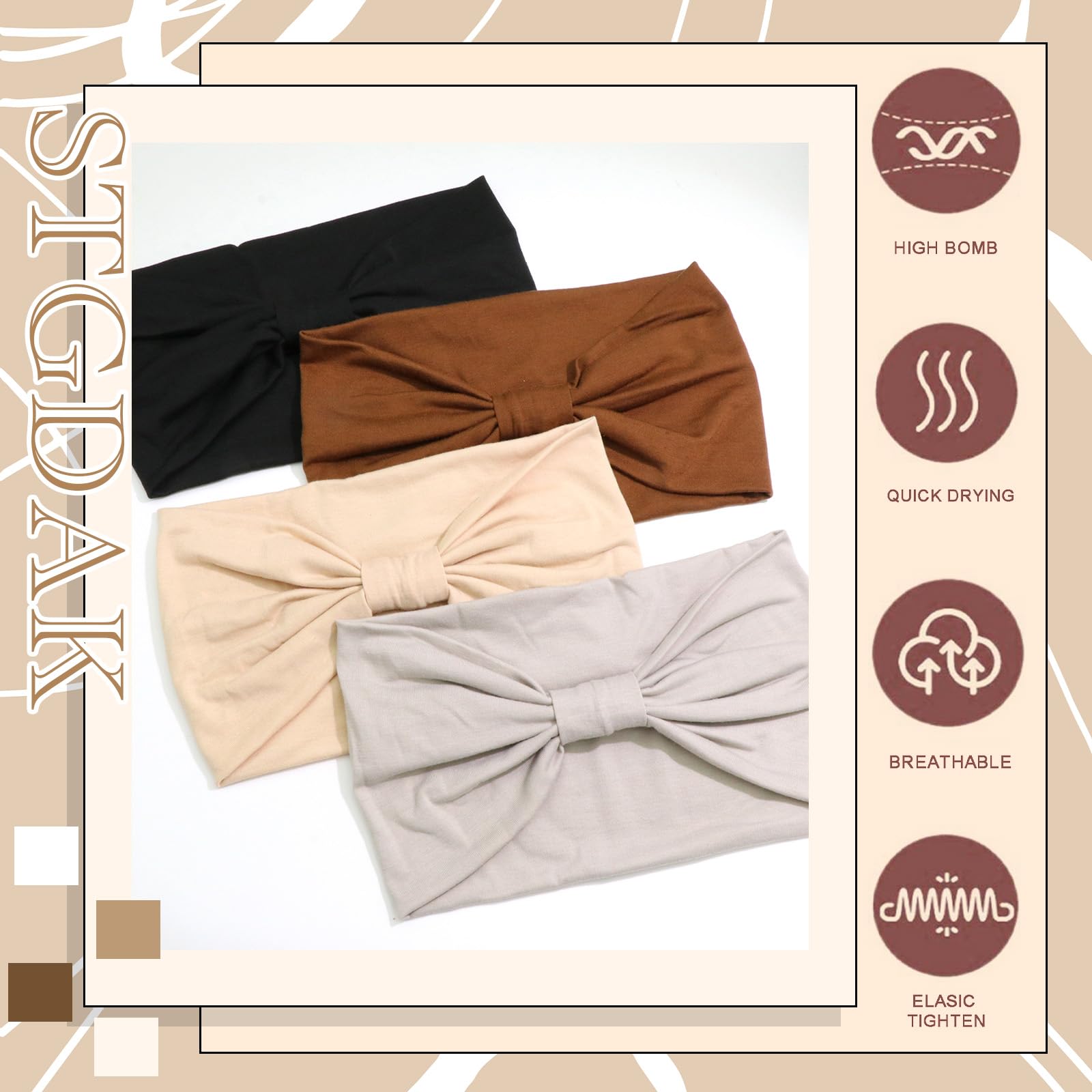 Lot de 4 bandeaux bohèmes pour femmes - Couleur unie - Antidérapants - En coton - Large - Pour le yoga, le sport - Accessoires pour cheveux pour femmes et filles