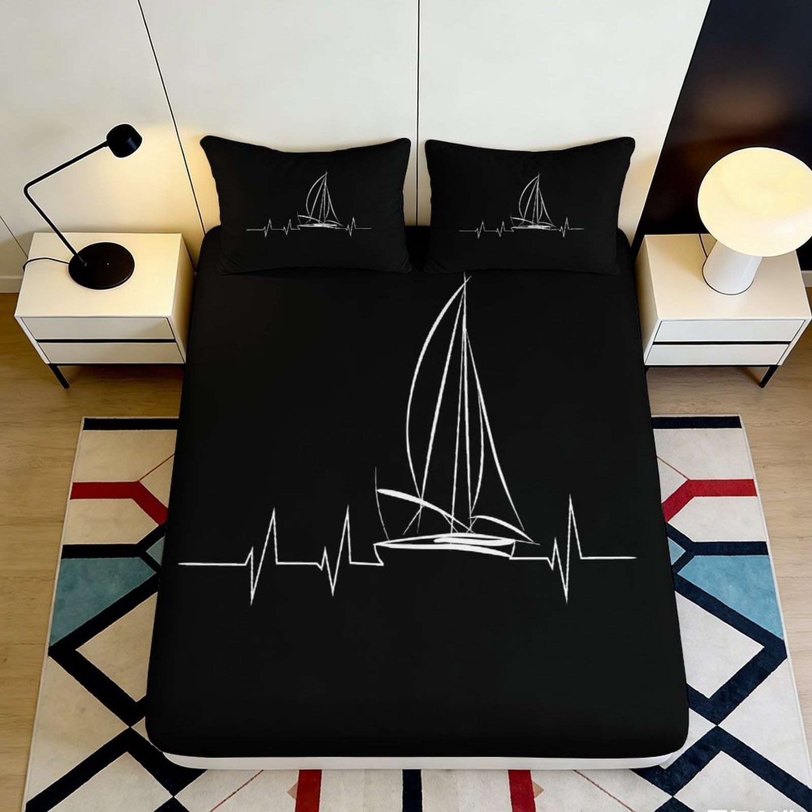 3D Printed Sailboat Wave Fitted Sheet Microfiber Black Yacht Heartbeat Mattress Cover for Bedroom Dorm Mattress Protection 90x200x25cm