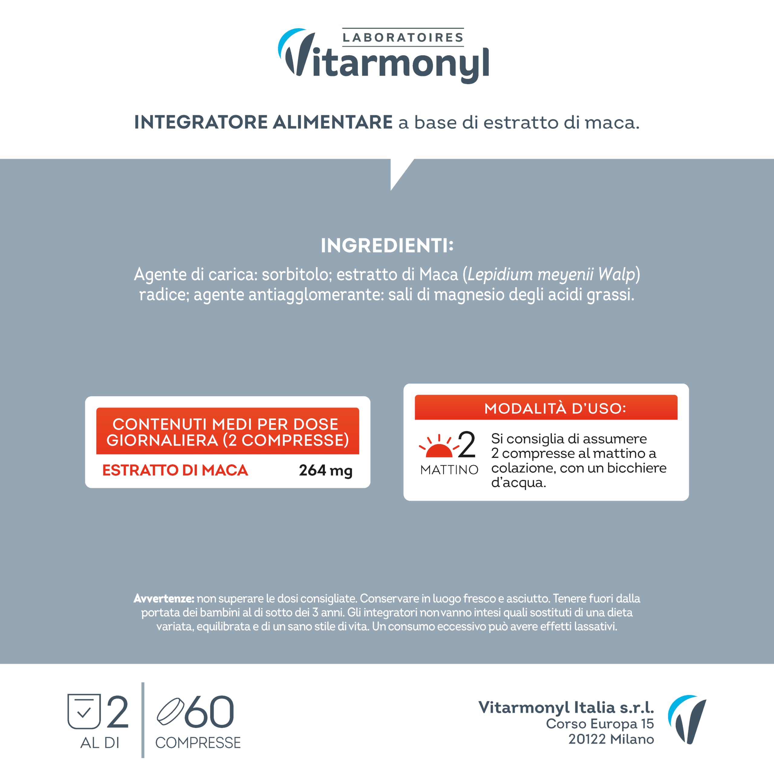 Vitarmonyl Maca – Integratore Alimentare Tonico Naturale – Supporto Energia e Vitalità – Per Uomo e Donna – 60 Compresse