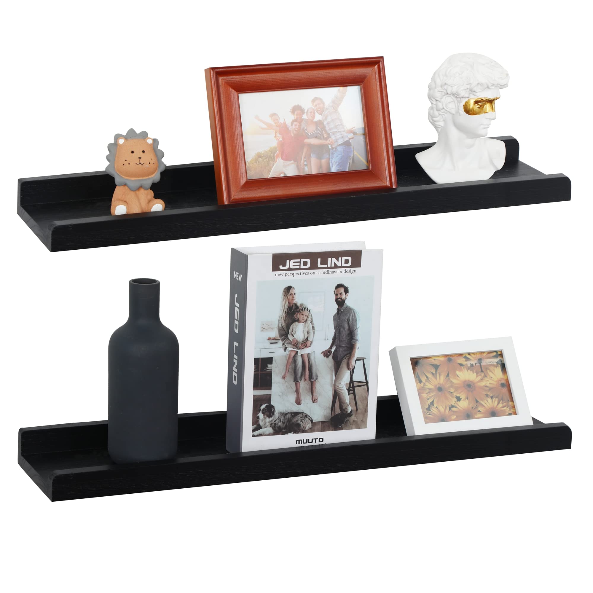 Long floating Shelves Set of 2,Wood Picture Shelf,Photo Frames Storage Display Shelves Wall Mounted for Living Room Bedroom Kitchen Nursery Kids Room,Home Office Decor(Black, 24 Inch)