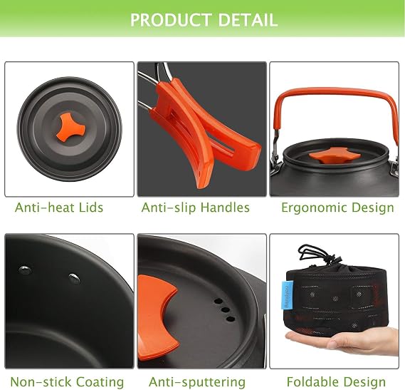 Camping Cookware Kit, Camping Cookware Set Outdoor Cooking Pot Pan Kettle Lightweight Camping Accessories Backpacking Hiking Gear for 2 to 3 People Picnic,Travel