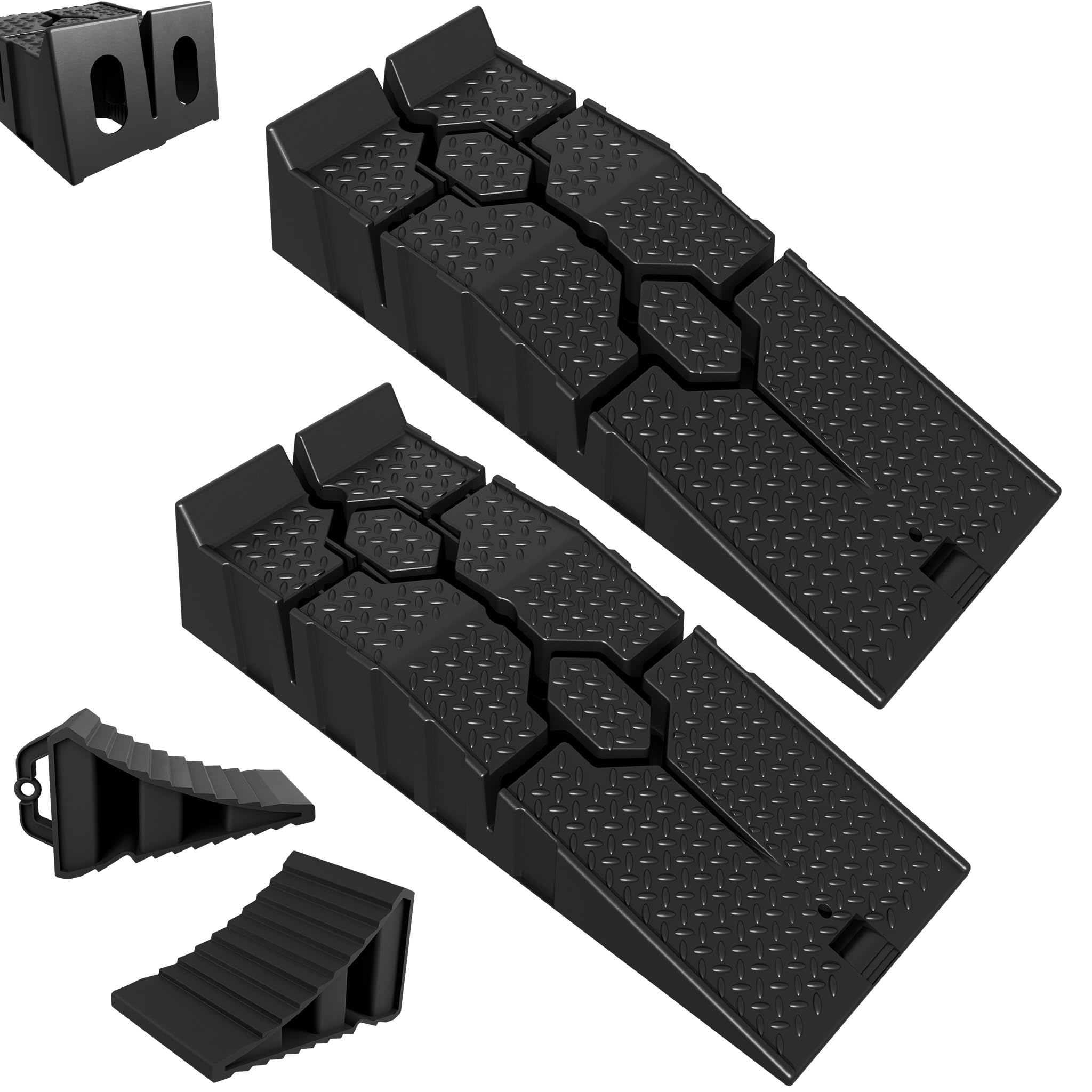 XMTECH Auffahrrampen Set 2er mit Unterlegkeile Schwarz bis 2500kg PP stark | Rutschfeste Oberfläche, leichte Handhabung, praktische Griffe, geeignet für Auto, Caravan, Garage, Werkstatt und Stellplätze