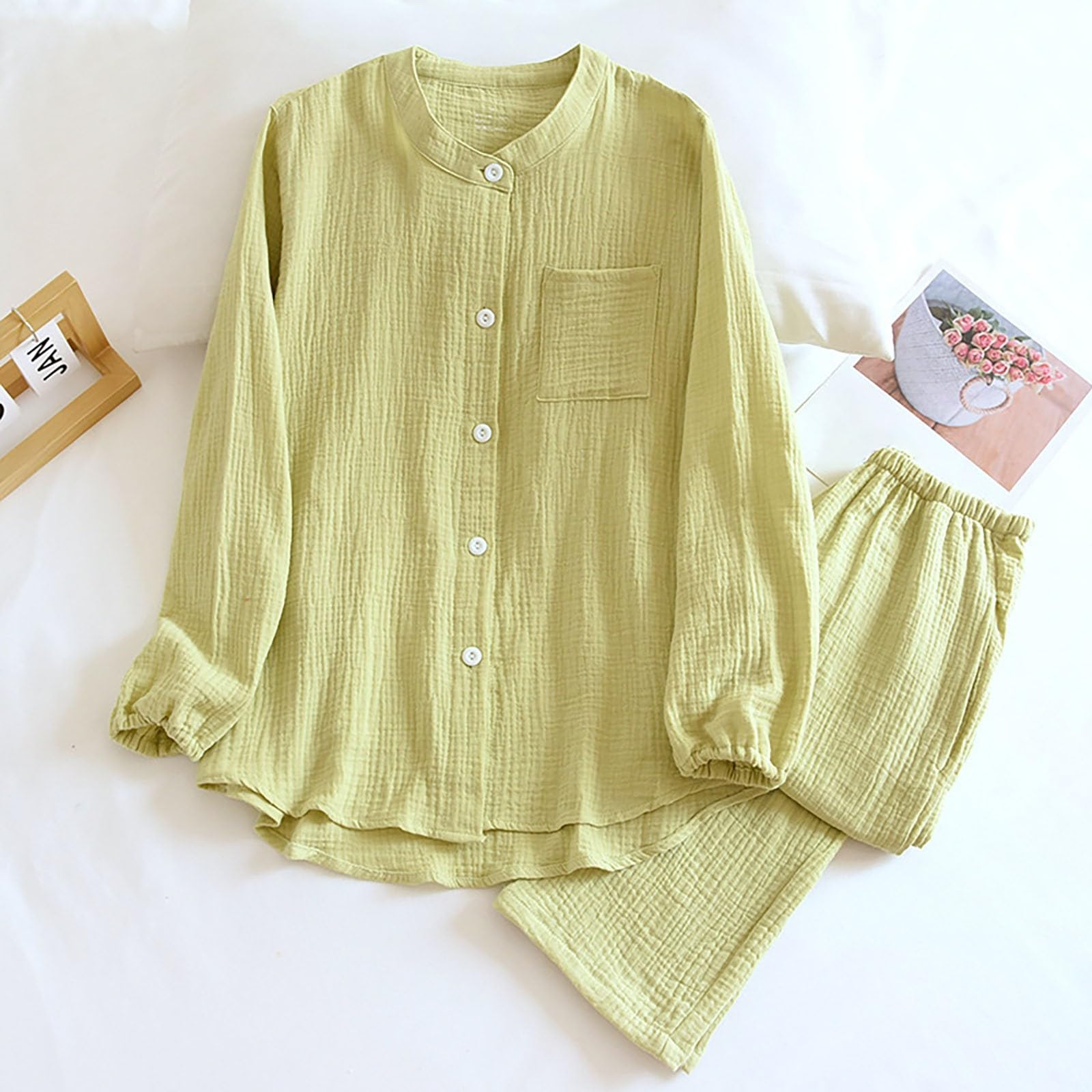 Ensemble de pyjama long en mousseline plissée pour femme | Ensemble de pyjama 2 pièces uni, combinaison avec poches, chemisier à manches longues, boutons et pantalon long ample