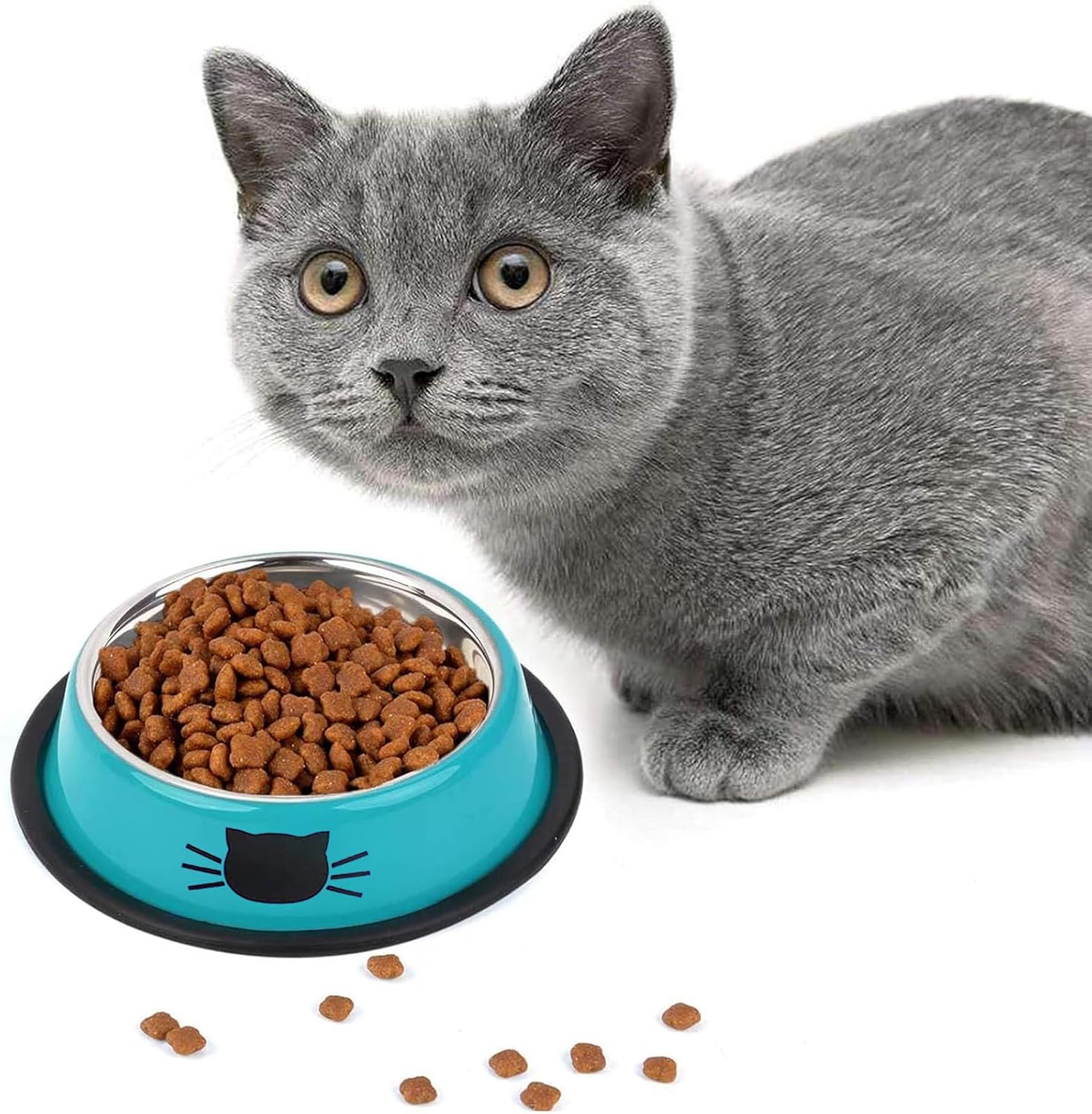 (similar) cat bowls,stainless steel cat water food bowl,puppy feeding bowl,set of 3 shallow pet bowl rubber base non slip small dogs feeder bowls blue/purple/green