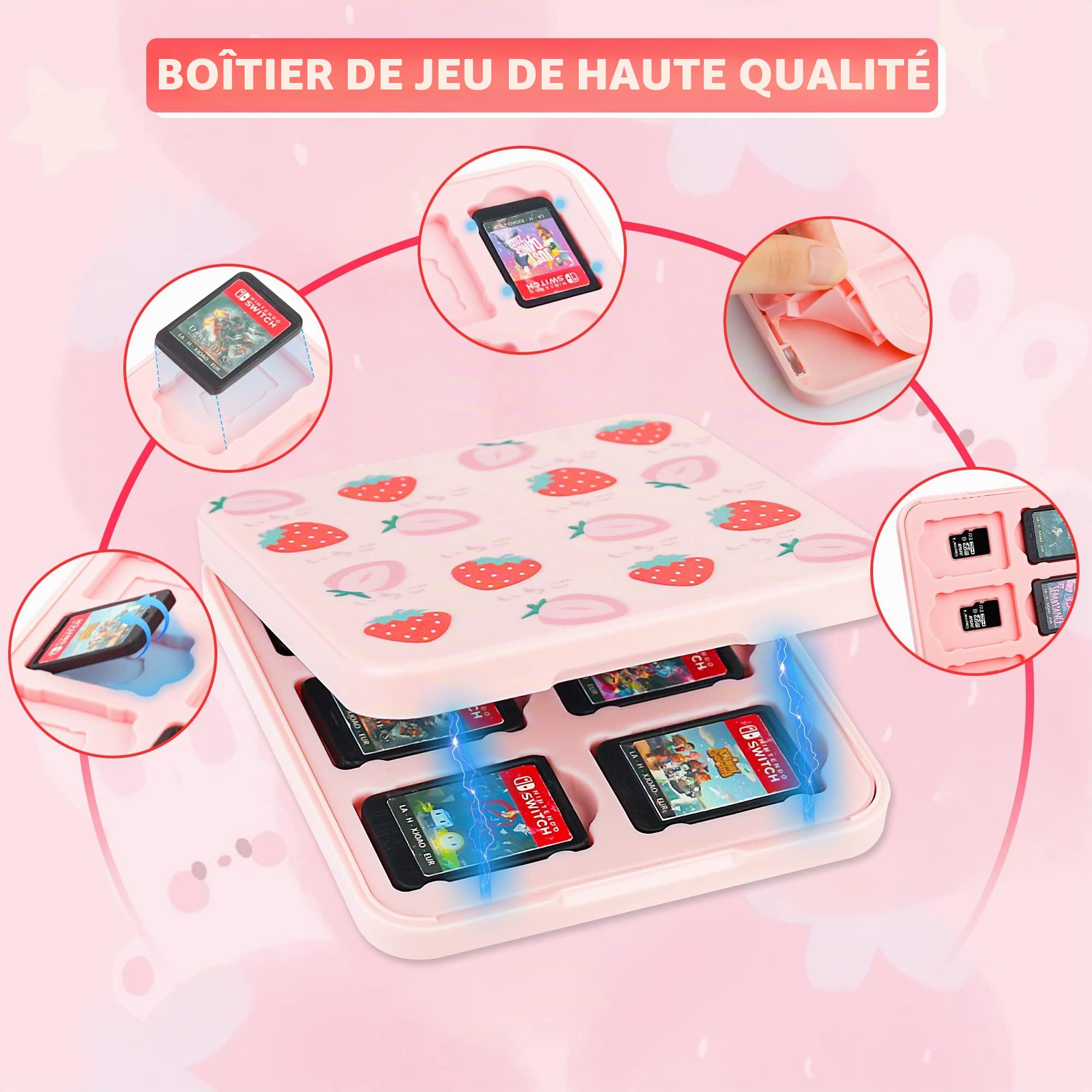 RHOTALL Étui de Transport pour Nintendo Switch et OLED, étui de Voyage Rigide et Portable pour Accessoires Switch avec étui de Jeu, 2 Coques Joy Con, bandoulière et 2 Capuchons de Pouces, Fraise Rose