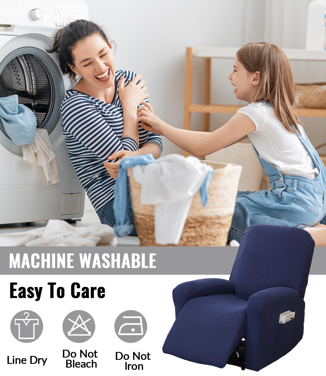 Copripoltrona Relax Reclinabile Elettrica Universale, Blu Navy Jacquard Fodere per Poltrona Relax 1 Posto, Elasticizzato Copridivano Reclinabile con Tasca Rimovibile