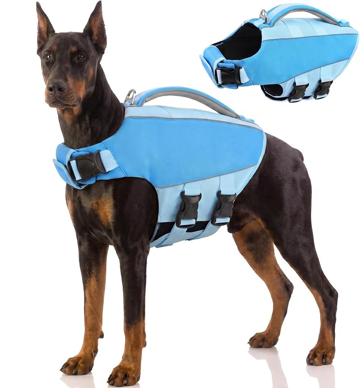 Life Jacket for Large Dogs High Buoyancy Dog Life Vest for Swimming | Adjustable Easy On Dog Lifejacket Water Vest with Reflective Strips Rescue Handle for Pool Beach Boating, Blue XXL