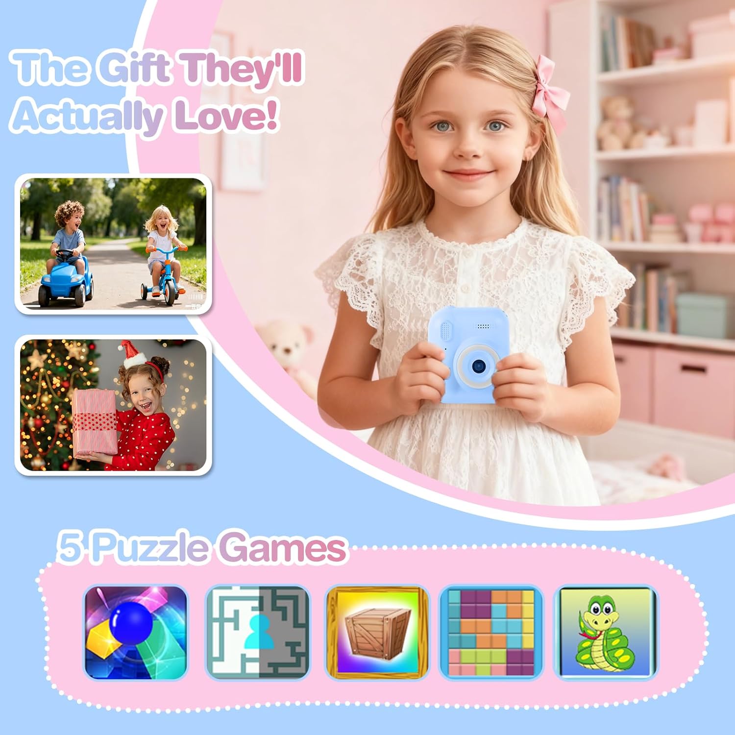 Kids Camera Instant Print with Color & Black-White Printing, 1080P HD Digital Selfie Camera for Children, 32GB, 2.4" Screen, 16X Zoom, Games, MP3 for Boys Girls Ages 3-12 (Blue)