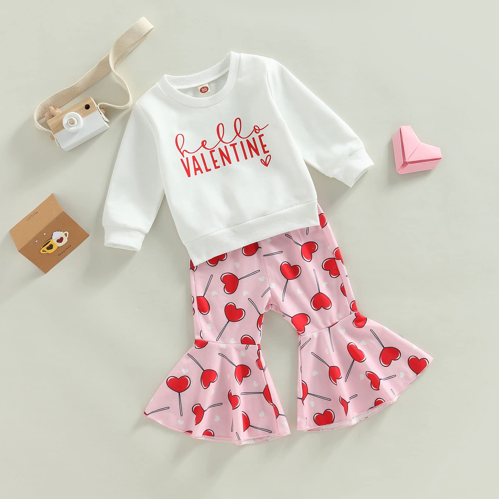 KtwHarnu Toddler Baby Girl Valentines Outfit Letter Print Long Sleeve Crewneck Sweashirt Top Heart Bell Bottom Pants Set (Hello Valentine, 18-24 Months)