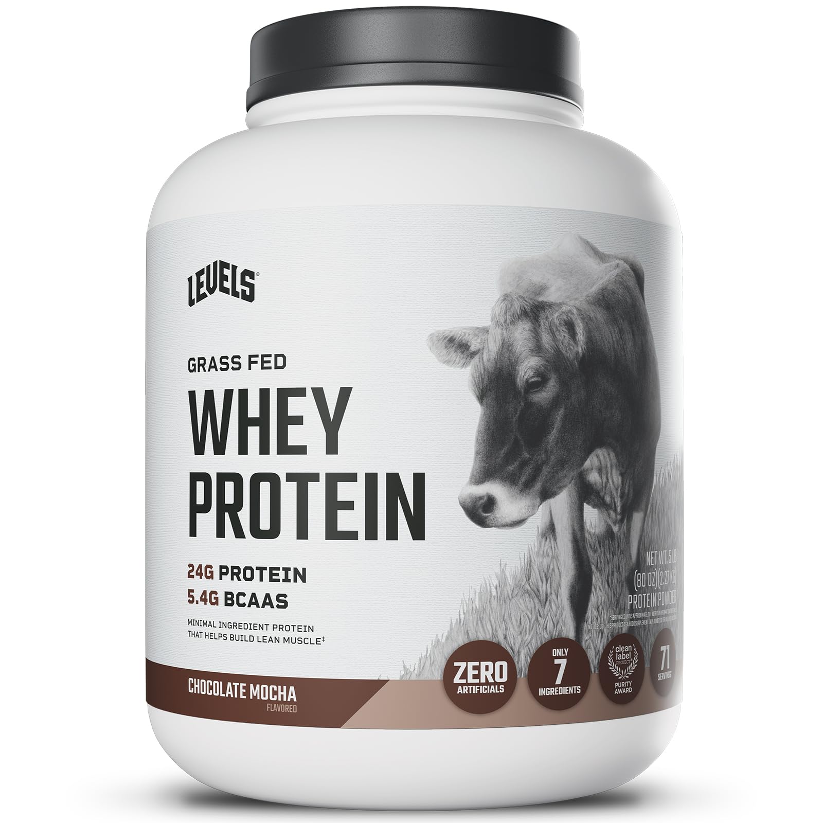 Levels Nutrition Grass Fed 100% Whey Protein, No Hormones, Chocolate Mocha, 5LB
