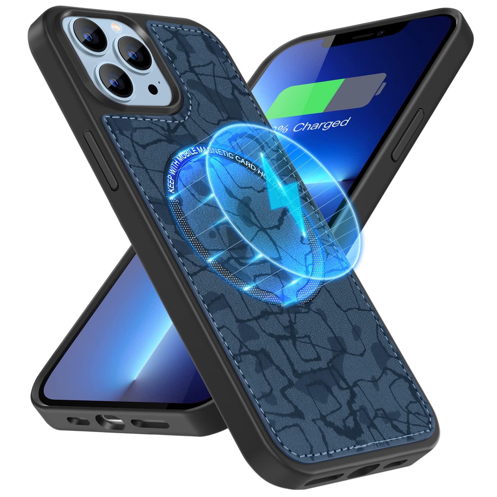 ESTPEAK Designed for iPhone 13 Pro Max Case Magnetic [Compatible with All MagSafe Accessories] [Unique PU Leather & Anti-Scratch] Soft Silicone Bumper Shockproof Protective Slim Phone Case 6.7" Blue