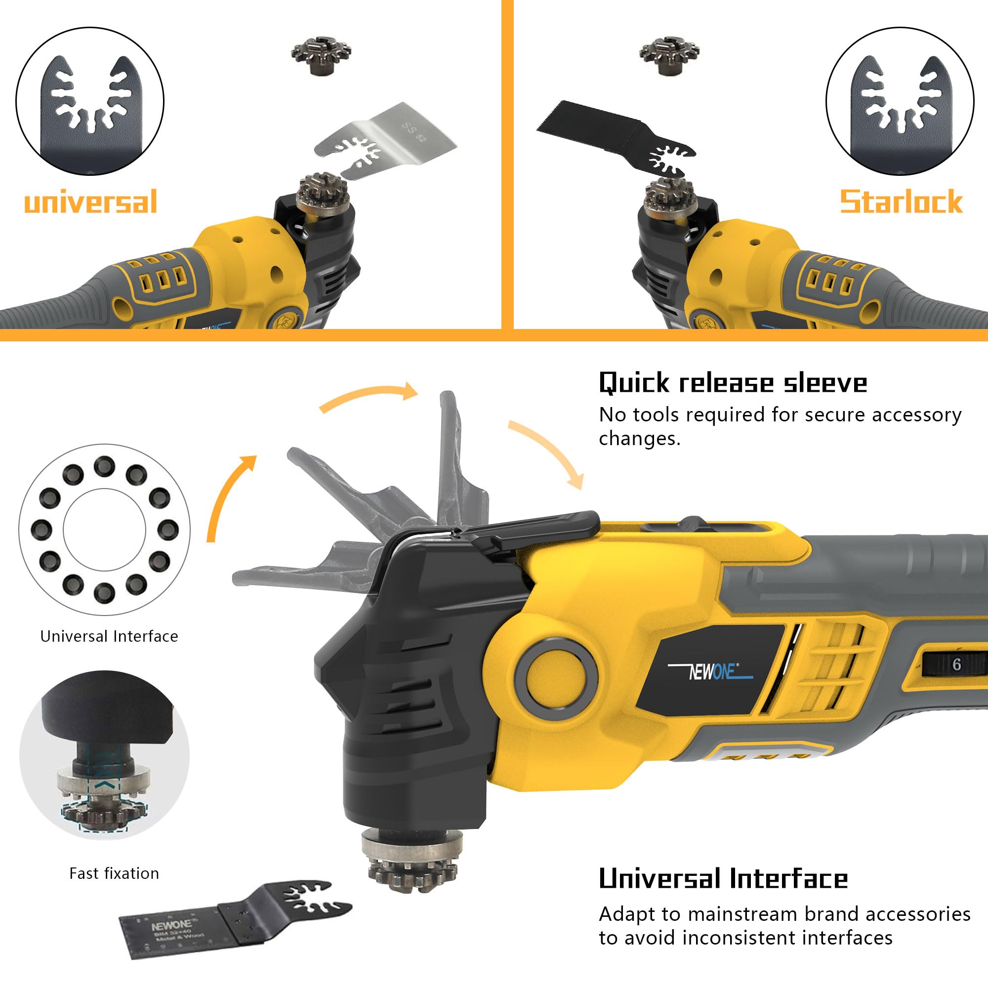 NEWONE Strumento oscillante antivibrante compatibile con batteria De-Walt da 20 V, kit multi-utensile oscillante antivibrante con angolo di oscillazione di 3,6°, 6 velocità variabile, lame multitool