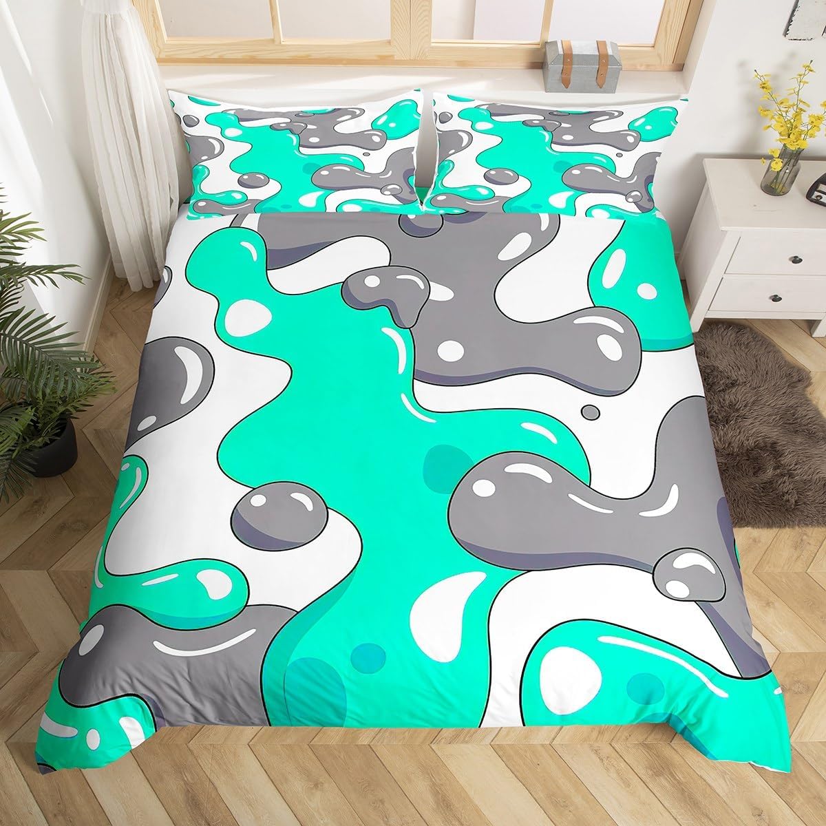 jejeloiu Black White Geometric Comforter Cover Queen Size Kids Abstract Bedding Set for Boys Girls Teens Geometric Square Bedspread Breathable Modern Art Bedroom Decor