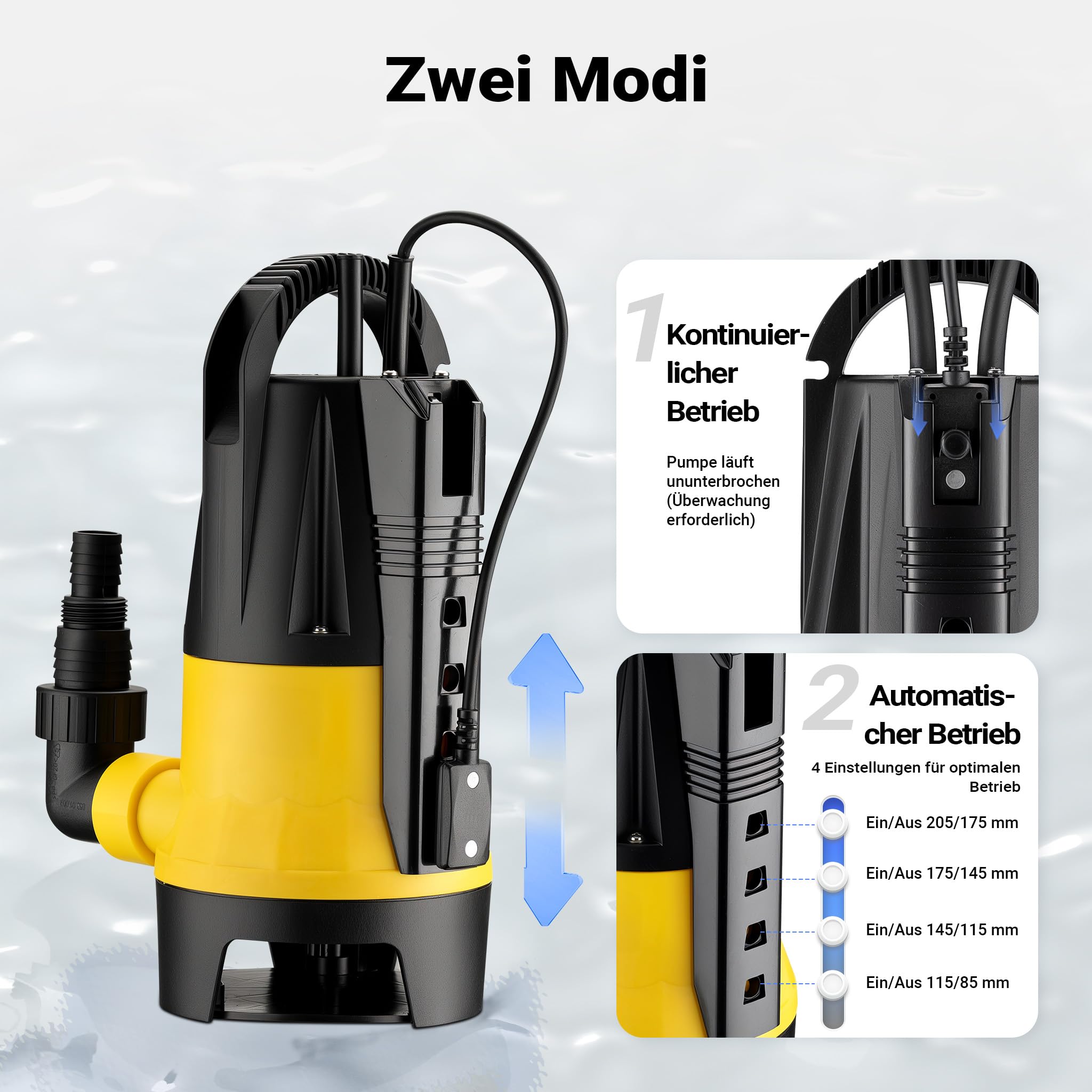 Wiltec Schmutzwasserpumpe mit Sensor 400 W, Tauchpumpe Schmutzwasser mit 2 Modi, Wasserpumpe 8500 l/h, Brunnenpumpe 5 m Förderhöhe & 5 m Tiefe
