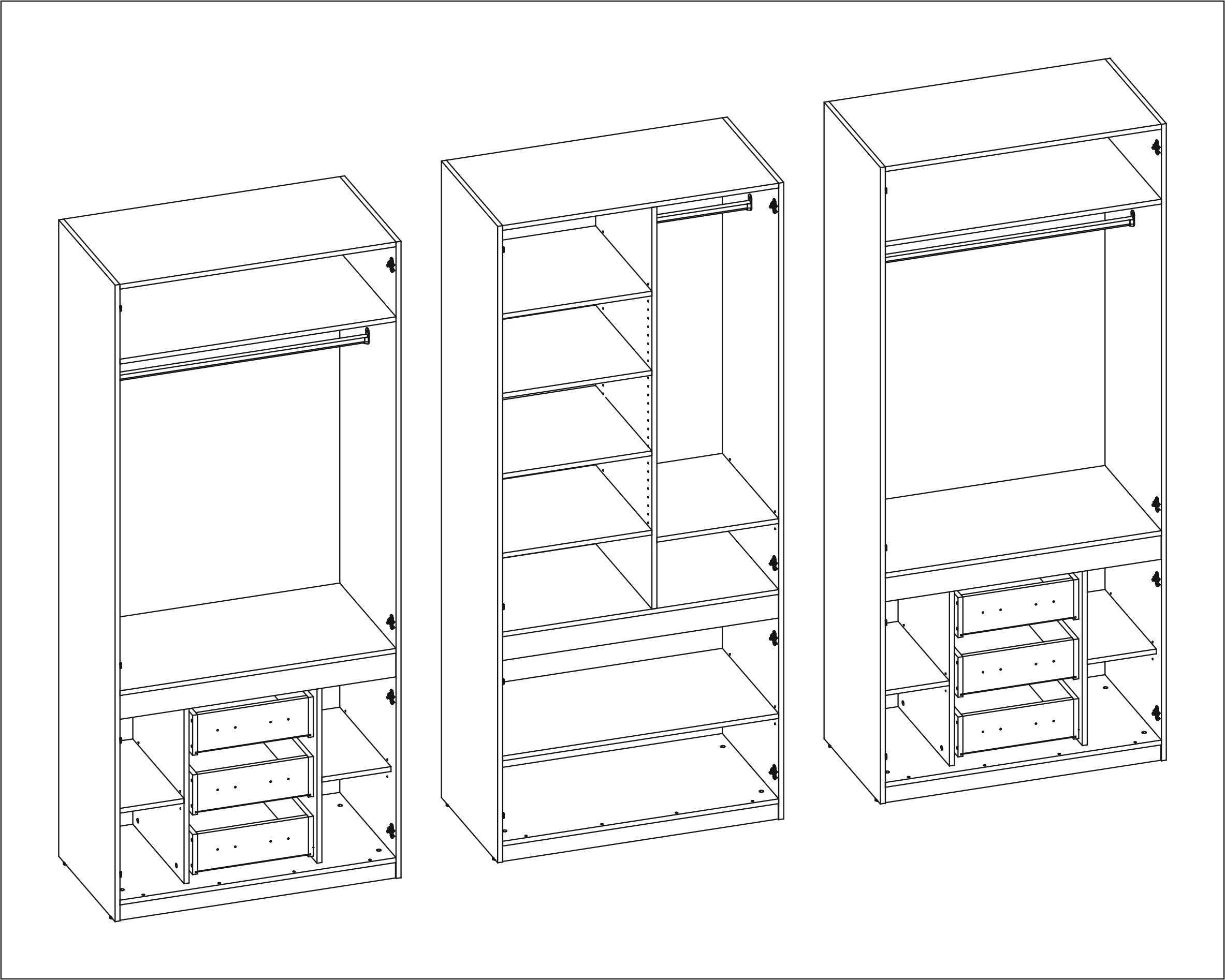 3-częściowa szafa modułowa - dwa lustra - szafa na ubrania - 310 x 240 x 59 - sypialnia - salon - szafa garderobiana - drążki na ubrania - przestronne szuflady, szafa - szlafrok -