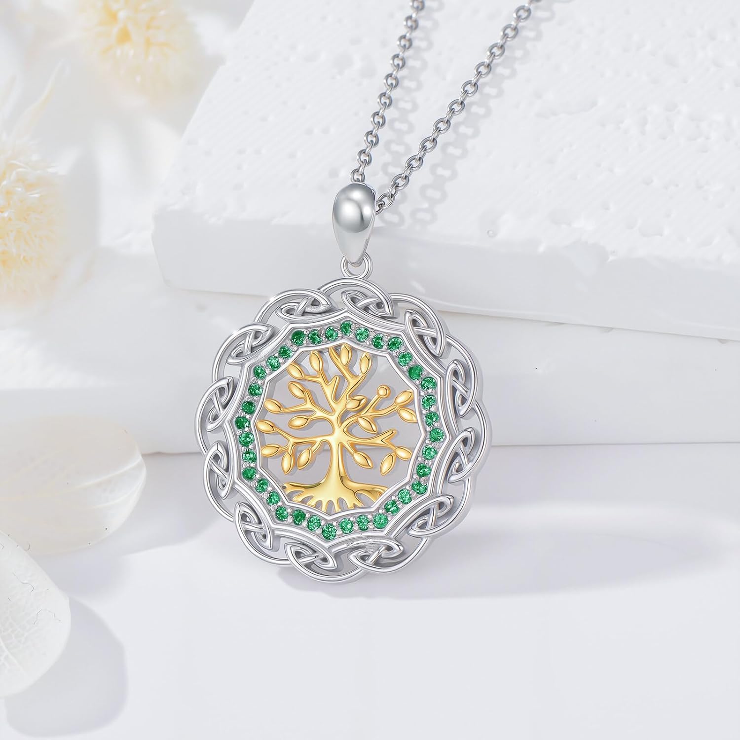 Sterling Silver Birthstone Celtic Tree of Life Necklace, 18K Gold Plated Colored Gemstone Tree of Life Pendant Two-Tone Necklaces Jewelry Birthday Gifts for Women 18" - 20" - Image 2