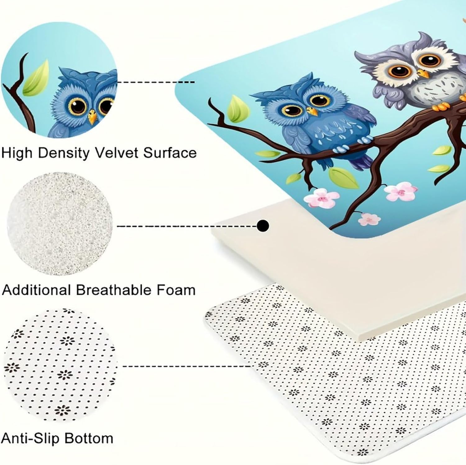 Owls on A Branch Kitchen Mat Set of 3 Waterproof Floor Mats Non-Slip Kitchen Rugs Premium Flannel Rug Heavy Duty Standing Mat for Kitchen Home Bathroom Laundry