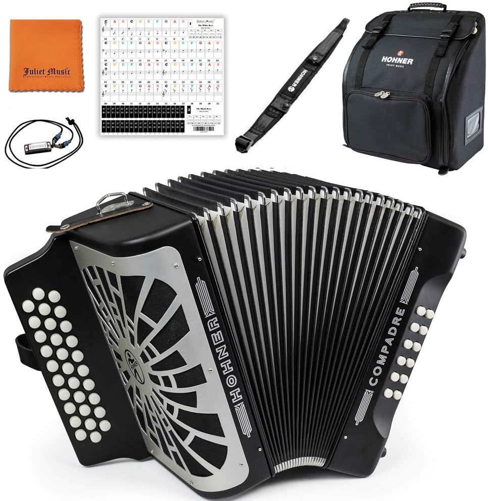 Hohner COEB Compadre E/A/D Accordion, Black & Silver Grille Bundle with Hohner Bag, Strap, Mini Harmonica, Juliet Music Polish Cloth & Piano Key Stickers