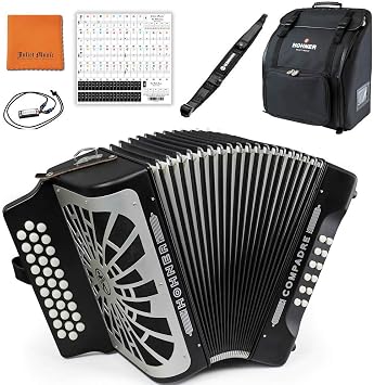 Hohner COEB Compadre E/A/D Accordion, Black & Silver Grille Bundle with Hohner Bag, Strap, Mini Harmonica, Juliet Music Polish Cloth & Piano Key Stickers