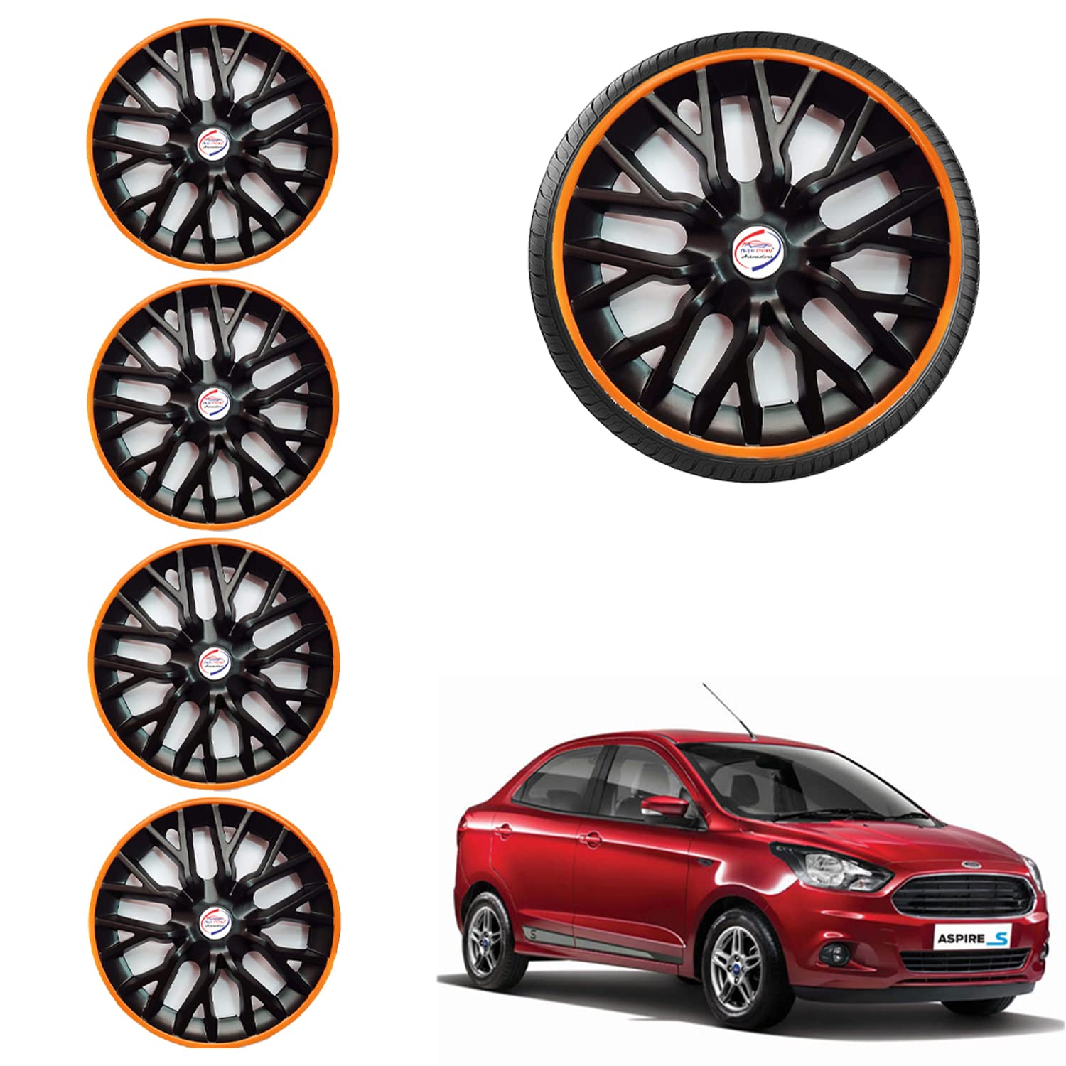 Auto PearlPremium 14" inch | Set of 4 Pcs | Hubcap Wheel Cover Replacements for OEM Steel Wheels ABS with Retention Ring | for Figo Aspire |Phoenix Black Orange