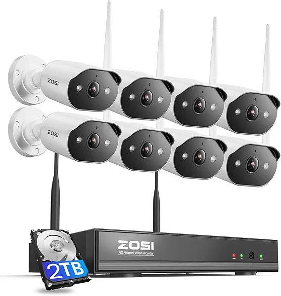 ZOSI 8CH 2K WiFi Home Security Camera System with 2TB HDD,8X 3MP Indoor Outdoor WiFi Cameras,Color Night Vision,Two-Way Audio,Light & Siren Alarm,2K H.265+ 8CH NVR Recorder for 24/7 Recordin